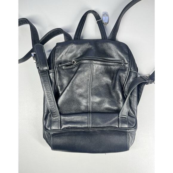 Tignanello Leather Backpack Black Bag Flap Over Zip Shoulder Straps Travel Purse - Picture 2 of 16
